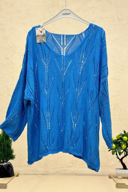 Openwork V-Neck Bat Mercerized Blouse