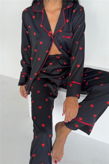 Cuori Rossi Neri Saten Uzun Pijama Takımı (Geniş Beden Aralğı)