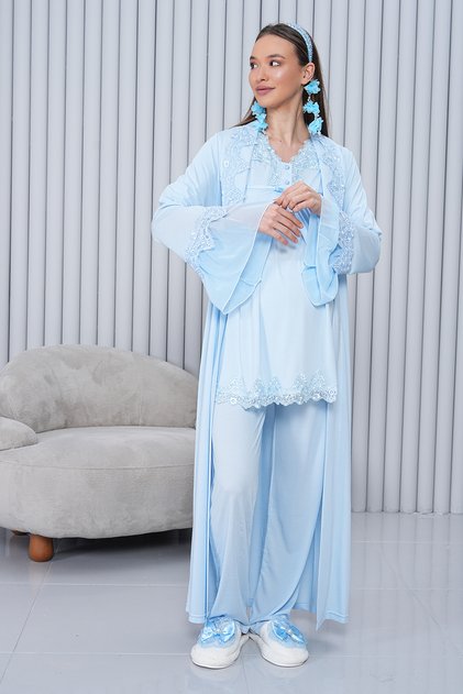 Pregnant Maternity Pajamas Set with Hidden Breastfeeding Short Sleeve and Blue Dressing Gown