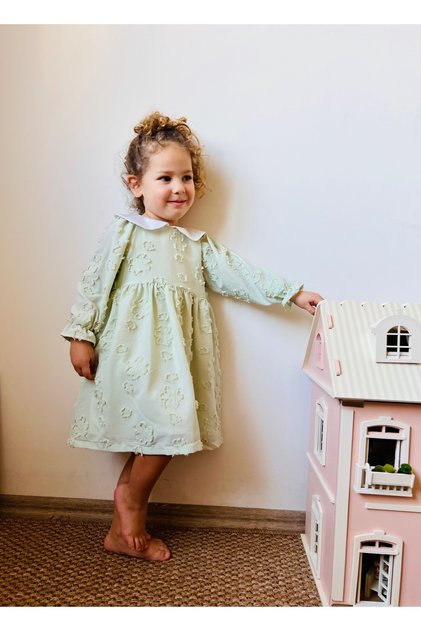 Green Rose Figured Seasonal Cotton Lined Long Sleeve Baby Girl Dress