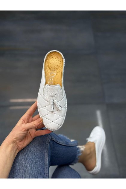 Diva White Leather Tasseled Women's Casual Slippers