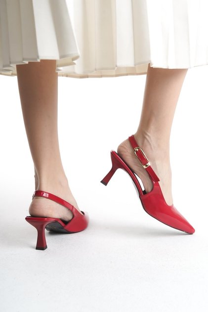 Red Patent Leather Gold Buckle Detailed Women's Heeled Shoes Stiletto