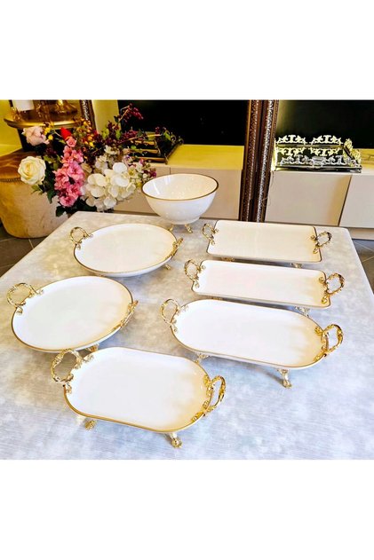7 Piece Cast Footed Porcelain Serving Set with Gilded Details Gold
