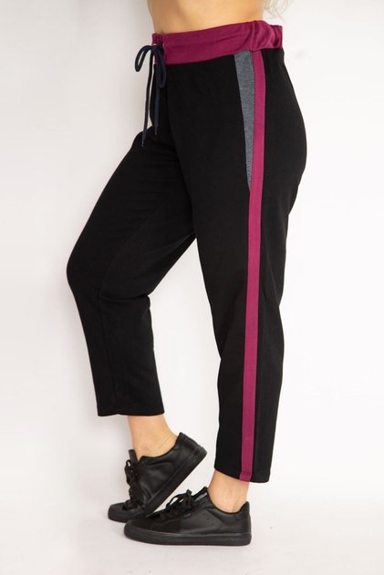 Women's Large Size Black Waist Eyelet Lace-up Color Detailed Sports Trousers 65n35047