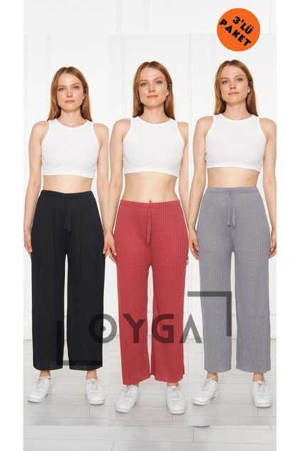 3-Piece Black - Dried Rose - Smoked Women's Ribbed Report Pants & Sweatpants, Casual Home Wear Pajamas