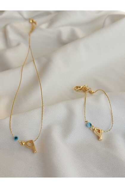 P Letter Evil Eye Bead Detailed Gold Non-Tarnish Coated Necklace & Bracelet Set