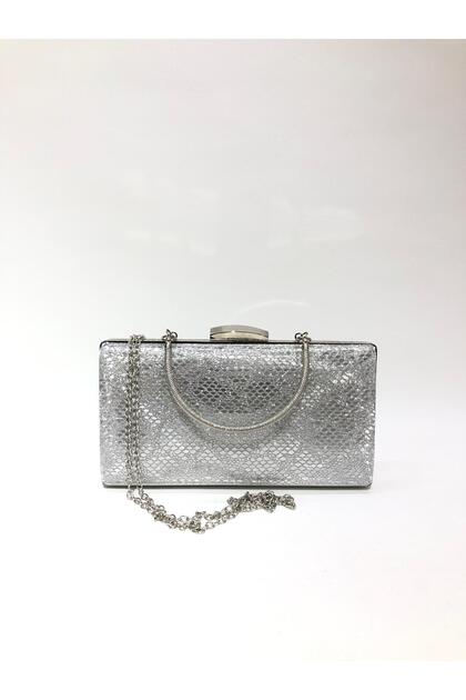 Silver Color Snake Pattern Material Evening Dress Portfolio Clutch Women's Bag Hand and Long Strap Use