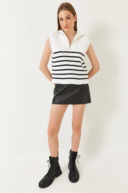 Women's White Black Zippered Thessaloniki Knitted Sweater 20247578