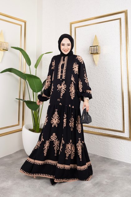 Women's Modest Clothing Button-Front Stand Collar and Plus Size Balloon Sleeve Woven Viscose Dress