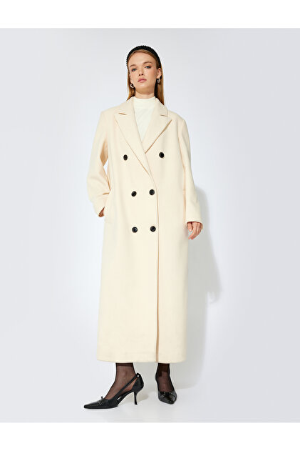 Koton Double-Breasted Extra Long Cashmere Coat with Pockets and