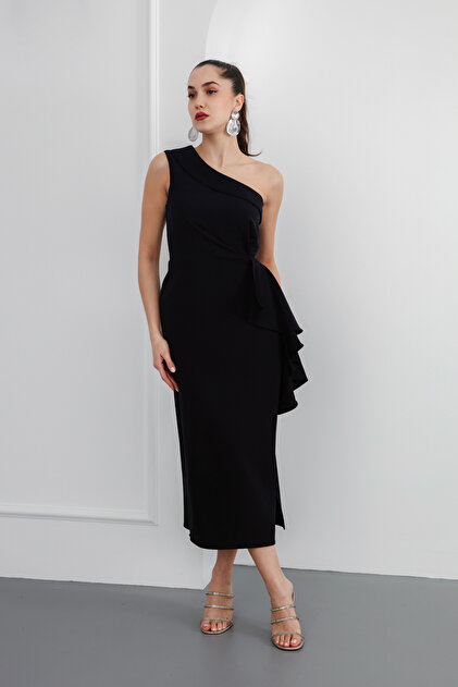 Lafaba Women's Black One Shoulder Ruffle Midi Dress- Trendyol Lafaba Women's Black One Shoulder Ruffle Midi Dress- Trendyol