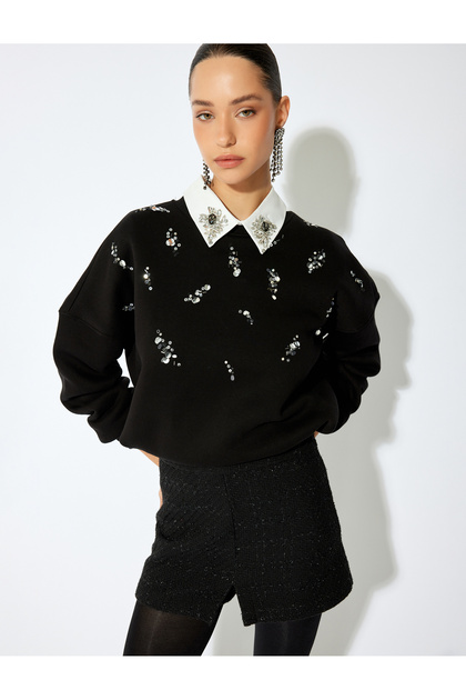 Three Yarn Raised Long Sleeve Crew Neck Sequin Sequined Sweatshirt