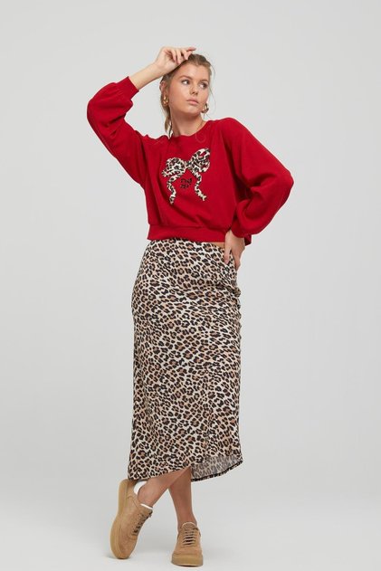 Kadın Regular Fit Bisiklet Yaka Desenli Uzun Kollu Kırmızı Sweatshirt NAAR91334-KIRMIZI