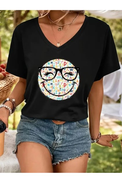 Women's V-Neck Black T-Shirt Printed Oversized Casual
