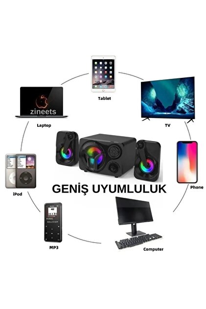 Zineets Rgb Işıklı Bluetooth Hoparlör 3.5mm Jack Kablolu