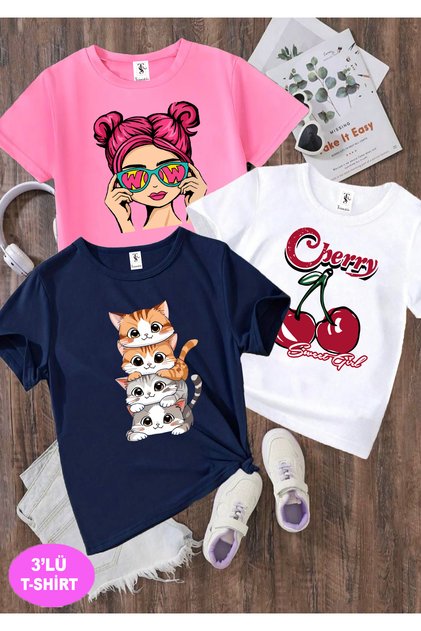 Cat Printed 3 Pack Pink-White-Navy T-Shirt for Girls