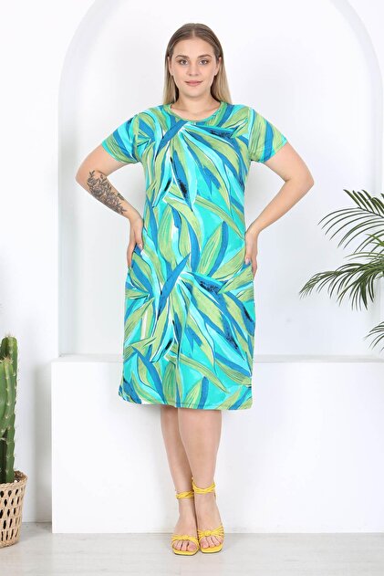 Mooi XXL Woman's blue green leaf pattern midi dress- Trendyol Mooi XXL Woman's blue green leaf pattern midi dress- Trendyol