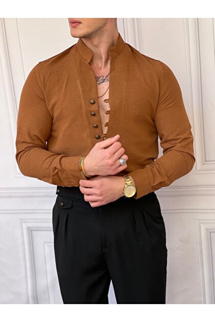 Men's Light Brown Long Sleeve Raw Linen Metal Button Shirt