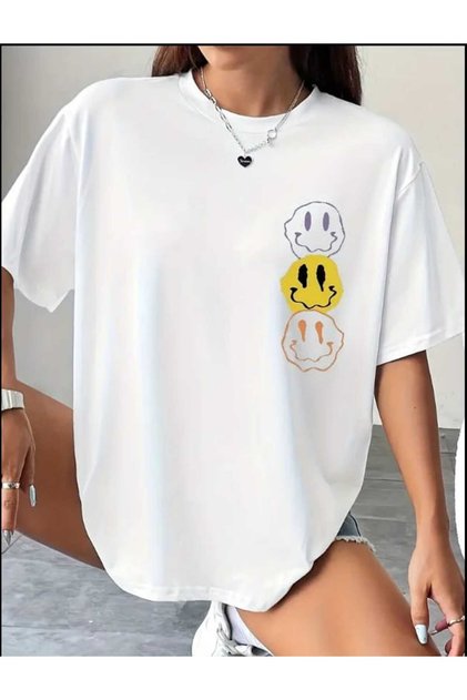 3-Piece Smiling Face Printed White Oversize Loose Boyfriend T-Shirt