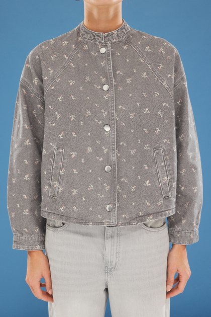 Trendyolmilla Gri Çiçek Desenli Oversize Denim Bomber Ceket