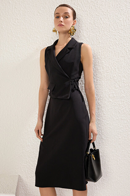 knee length dresses for ladies Striped Jacket Tank Dress with Detachable Necklace