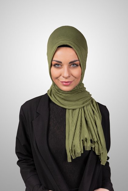 Pratik Pliseli Şal Hazır Geçmeli Organik Asker Rengi Süngerli Model
