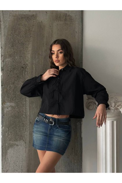 Women's Black Stylish Lace Detailed Crop Woven Shirt