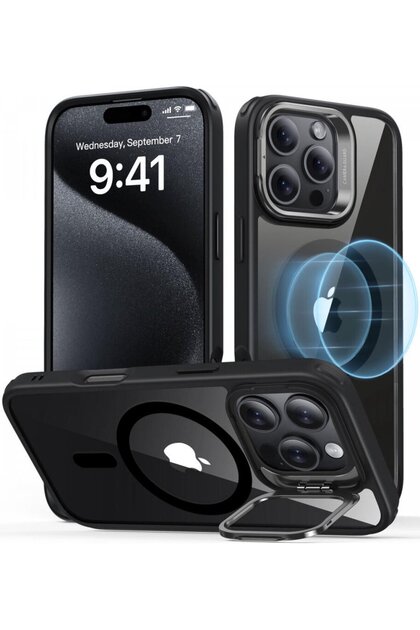 iPhone 16 Pro Compatible Halolock Mag Safe Classic Hybrid Stand Silicone Case Transparent Black