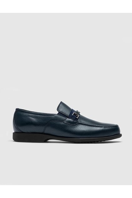 Genuine Leather Navy Blue Men's Shoes with Buckle Accessories
