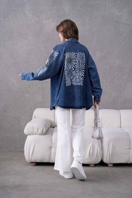 Kadın Arkası Ve Kolları Pul Payet Nakışlı Taş Detaylı Kot Kimono Ceket