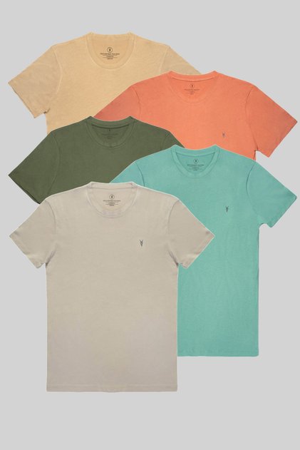 Erkek %100 Pamuklu 5-Li Bisiklet Yaka T-shirt Bej-Turuncu-Haki-Cagla-Gri