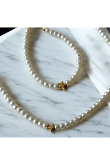 Star Gold Colored Star Talisman Pearl String Daily Stylish Casual Special Day Necklace Bracelet Set (6)
