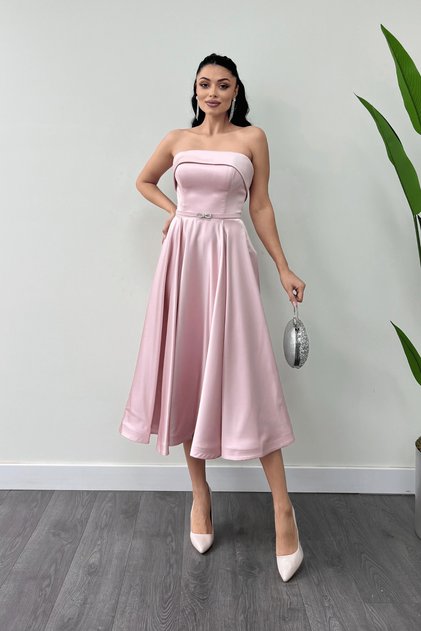 Satin Fabric Back Rope Detail Midi Dress - Pudra
