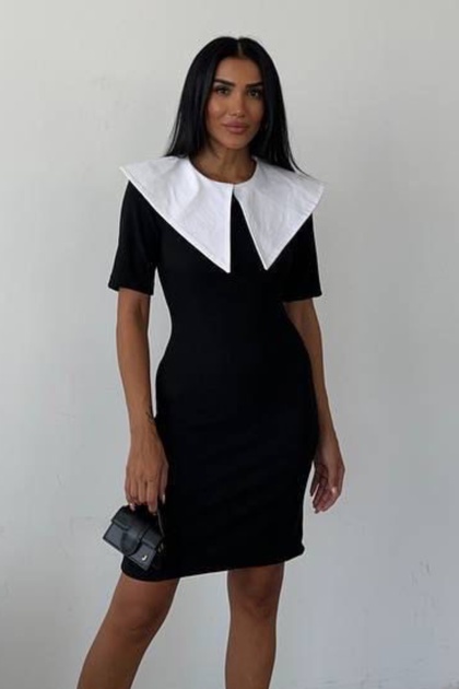 knee length black dress with white collar Ded COLLECTION Women's Wide White Collar Detailed Short Sleeve Knee Length  Black Dress- Trendyol
