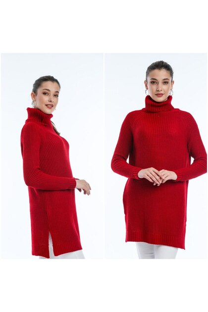 Thick Turtleneck Long Sleeve Thessaloniki Knitwear Side Slit Plain Basic Knitwear Long Sweater Short Tunic
