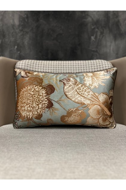 Ithal Ipek Kadife Kuşlu Desen Mint Yeşili Kırlent Kılıfı 30x50cm (ÇİFT TARAFLI DESEN)