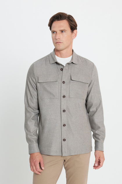 Men's Beige-Grey Wool Warm Relax Fit Comfortable Fit Shirt Collar Suit Jacket