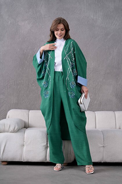 Kadın Önü Pul Payet Nakışlı Taş Ve İnci Detaylı Keten Kimono Ve Pantolon Alt Üst Takım