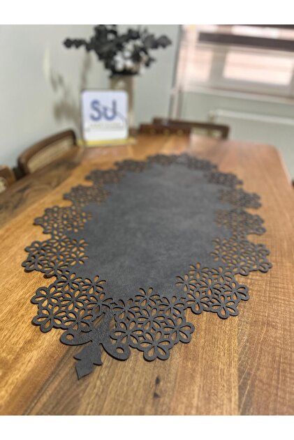 Floral Oval Gray Faux Leather Runner