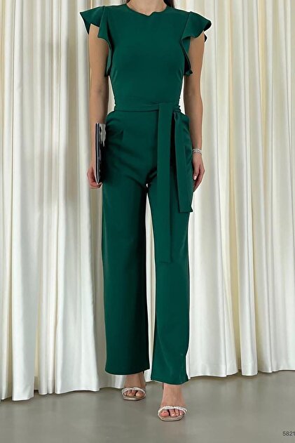 Green Crepe Fabric Sleeves Flywheel Detail Belted Belted Jumpsuit