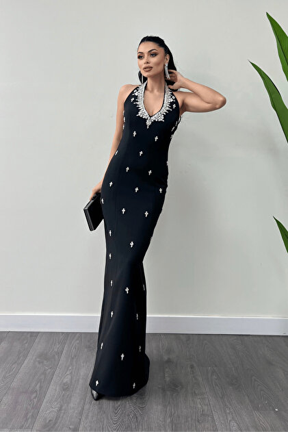 giyimmasal Atlas Fabric Stone Detailed Halter Neck Evening Dress - Black- Trendyol giyimmasal Atlas Fabric Stone Detailed Halter Neck Evening Dress - Black- Trendyol