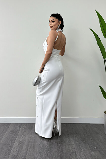 giyimmasal Atlas Fabric Stone Detailed Halter Neck Evening Dress - White-  Trendyol