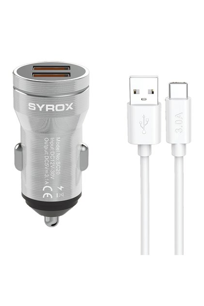 SC20T 3.1A Q.C. 3.0 1mt USB-A - -C Kablolu 2xUSB-A Hızlı Araç Şarj Cihazı - Gri Uyumlu