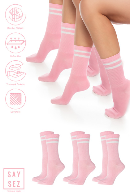 Bamboo Unisex Tennis College Striped Premium Pink Color Seamless Socks 3-Pack