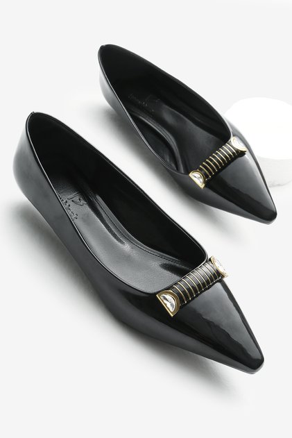 Women's Black Neolit Sole Buckle Detailed Pointed Toe Ballerinas