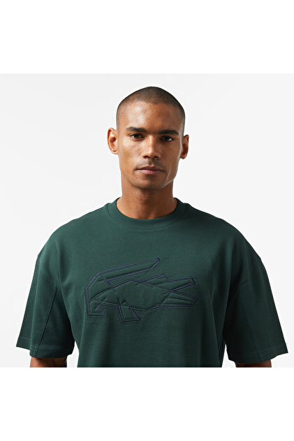 Lacoste Erkek Oversize Fit Bisiklet Yaka Baskılı Koyu Yeşil T