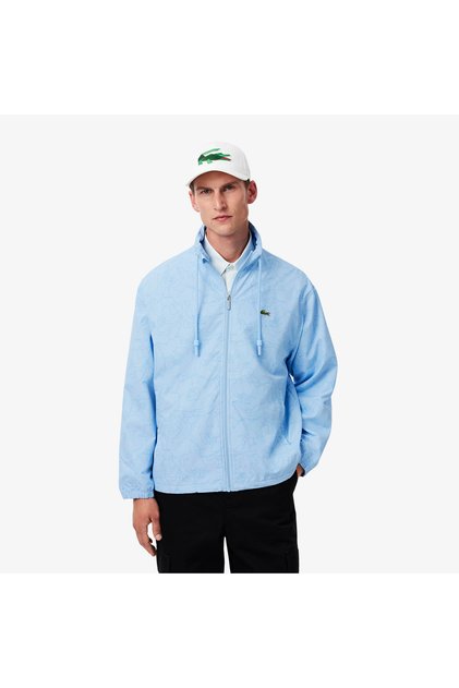 Erkek Regular Fit Kapüşonlu Desenli Mavi Rüzgarlık