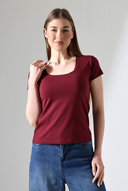 Square Neck Short Sleeve Combed Cotton Compact Lycra Flexible Basic T-Shirt 21069 Bordo
