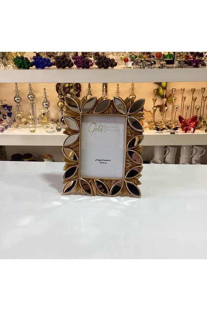Aynalı Fotoğraf Çerçevesi Yaprak Desen Gold