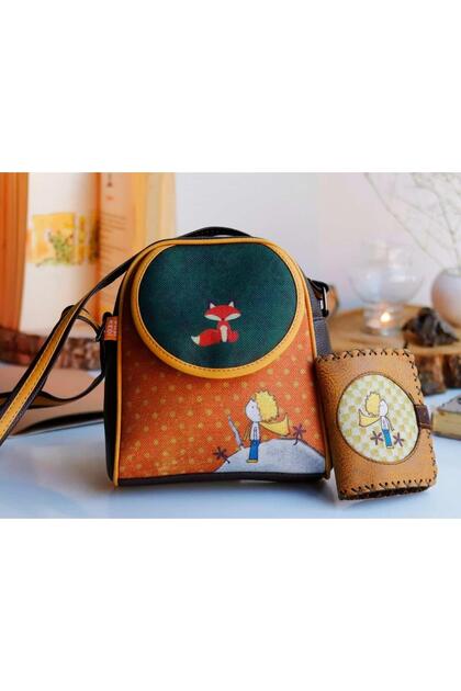 Little Prince Figured Small Messenger Bag Brown and Small Wallet Mustard Combination